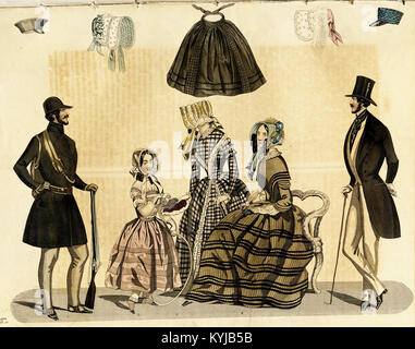 Eine Mode-Illustration aus dem „Stockholms Mode-Journal“ aus dem Jahr 1844, die elegante Damenkleidung zeigt und schwedischen Stil und Design aus der Mitte des 19. Jahrhunderts widerspiegelt. Stockfoto