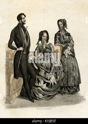 Illustration aus dem Stockholms Mode-Journal von 1844, die die schwedische Damenmode des 19. Jahrhunderts zeigt und Eleganz und zeitgenössischen sozialen Stil betont. Stockfoto
