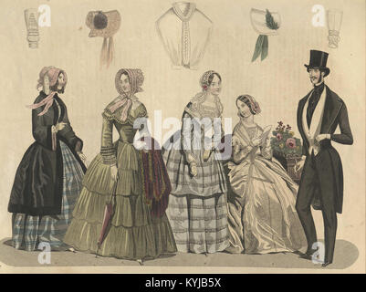 Eine Illustration aus dem Jahr 1845 aus dem Stockholms Mode-Journal, die schwedische Mode aus der frühen viktorianischen Ära zeigt, die sich durch Eleganz und detailliertes Design auszeichnet. Stockfoto