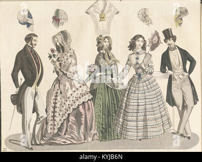 Eine Illustration aus dem Jahr 1846 aus dem „Stockholms Mode-Journal“, die elegante Damenmode und kulturelle Ästhetik im Schweden des 19. Jahrhunderts zeigt. Stockfoto