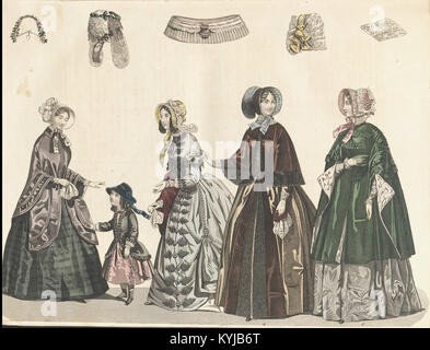 Eine Illustration aus dem schwedischen Magazin „Stockholms Mode-Journal“ aus dem Jahr 1847, die Damenmode und elegante Kleidungsstile aus Schweden der Mitte des 19. Jahrhunderts zeigt. Stockfoto