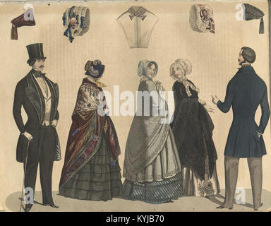 Eine Illustration aus dem Stockholms Mode-Journal von 1847 zeigt die schwedische Damenmode der Mitte des 19. Jahrhunderts und hebt Kleider, Accessoires und gesellschaftliche Stiltrends hervor. Stockfoto