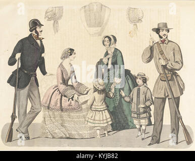 Eine Illustration aus dem Jahr 1849 aus dem Stockholms Mode-Journal zeigt beliebte Modetrends in Stockholm während des 19. Jahrhunderts und hebt elegante Designs hervor. Stockfoto