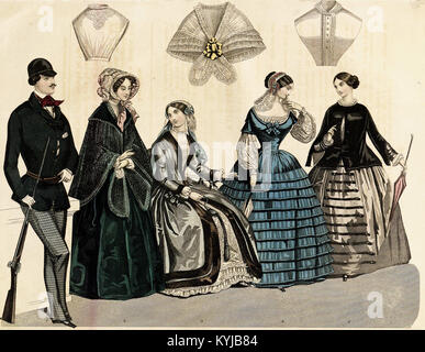 Eine Illustration aus dem Stockholms Mode-Journal aus dem Jahr 1849, die Stockholms Modetrends und elegante Kleidung der Mitte des 19. Jahrhunderts darstellt und kulturelle und künstlerische Raffinesse veranschaulicht. Stockfoto