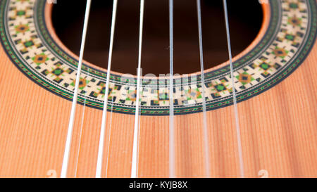 Klassische Gitarre: Strings und Rosette Stockfoto