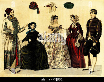 Diese Illustration aus dem Stockholms Mode-Journal (1851) zeigt die schwedische Mode der Mitte des 19. Jahrhunderts und repräsentiert die Eleganz und sozialen Bestrebungen der Oberschicht während dieser Zeit. Stockfoto