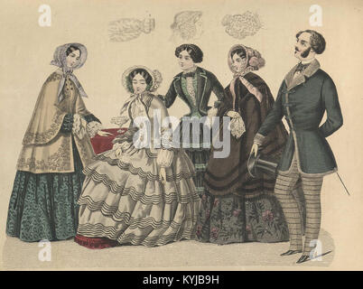 Eine Illustration aus dem Jahr 1852 aus dem Stockholms Mode-Journal, die Mode aus der Mitte des 19. Jahrhunderts in Schweden zeigt, wie elegante Damenbekleidung und zeitgenössisches Stildesign präsentiert werden. Stockfoto