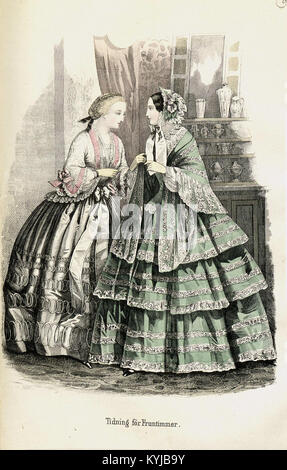 Die Illustration „Stockholms Mode-Journal“ aus dem Jahr 1853 zeigt Damenmode in Stockholm und hebt Kleidung, Kleider und den zeitgenössischen Stil des 19. Jahrhunderts hervor. Stockfoto