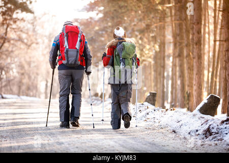 Rückansicht der Bergsteiger beim Gehen im Winter Stockfoto