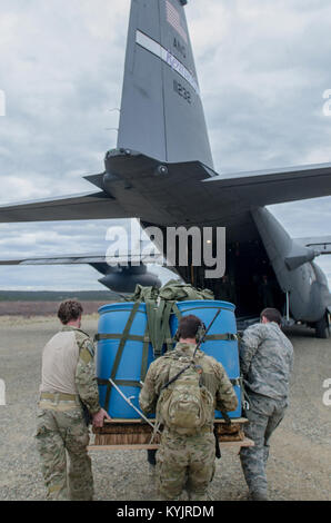 Bekämpfung der Controller von 123 Spezielle Taktiken Squadron Last die Kentucky der Air National Guard ein Container Delivery System Bundle auf ein Kentucky Air National Guard C-130 Hercules am Donnelly Drop Zone in der Pacific-Alaska Palette komplexer als Teil der Roten Flag-Alaska am 21. Mai 2014. Mehr als 100 Kentucky Flieger nahmen an der Übung vom 7. Mai bis 23. (U.S. Air National Guard Foto von Master Sgt. Phil Speck) Stockfoto