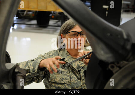 Tech. Sgt. Patricia Nasby der 123 Maintenance Squadron aus der 123 Airlift Wing, Louisville, Kentucky arbeitet auf der Propeller eines C-130, 13. Oktober 2014 An der Basis. Nasby ist das einzige volle Zeit Frau Mechaniker in der Werkstatt und hat ein Mitglied der Flügel für 34 Jahre gewesen. Sie plant, im Februar 2015 in den Ruhestand zu treten. (U.S. Air National Guard Foto: Staff Sgt. Vicky Spesard) Stockfoto