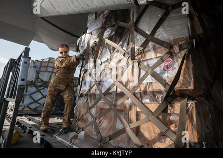 Us Air Force Airman 1st Class Teara Sapp, ein lademeister aus der 317 Luftbrücke Gruppe Dyess Air Force Base, Texas, lädt eine Palette von humanitäre Hilfe und militärische Lieferungen auf eine US Air Force C-130 Flugzeugen an Léopold Sédar Senghor International Airport in Dakar, Senegal, Nov. 4, 2014. Sapp und 35 andere Flieger von dyess sind in den Senegal als Teil der 787th Air Expeditionary Squadron, die Flying Cargo ist in Monrovia, Liberia bereitgestellt, zur Unterstützung der Operation United Hilfe, der US-Agentur für Internationale Entwicklung-led, ganze-von-Regierung bemüht, die Ebola virus outbr zu enthalten Stockfoto