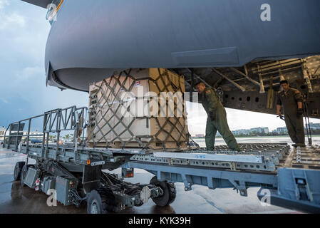 Loadmasters vom California Air National Guard relief dowload Lieferungen aus der C-17-Flugzeugen an Luis Muñoz Marín International Airport in San Juan, Puerto Rico, im Hurrikan Maria 6 Okt., 2017. Eine Antenne Entladehafen am Flughafen hat mehr als 7,2 Millionen Kilogramm Fracht und humanitäre Hilfe seit Sept. 23 verarbeitet. (U.S. Air National Guard Foto von Oberstleutnant Dale Greer) Stockfoto