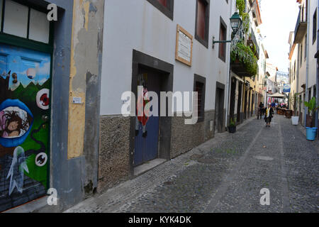 Lackierte Türen in der Rua de Santa Maria, eine Kunst im öffentlichen Raum ein altes neu zu beleben, vernachlässigten Straße in der Altstadt von Funchal, Madeira, Portugal Stockfoto