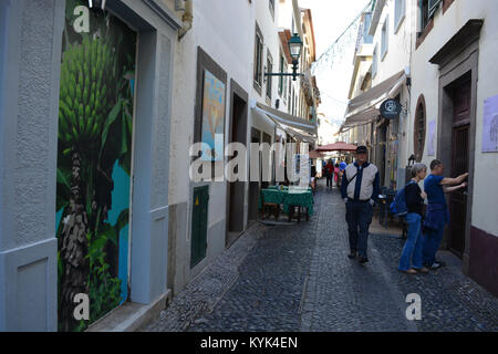 Lackierte Türen in der Rua de Santa Maria, eine Kunst im öffentlichen Raum ein altes neu zu beleben, vernachlässigten Straße in der Altstadt von Funchal, Madeira, Portugal Stockfoto