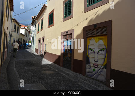 Lackierte Türen in der Rua de Santa Maria, eine Kunst im öffentlichen Raum ein altes neu zu beleben, vernachlässigten Straße in der Altstadt von Funchal, Madeira, Portugal Stockfoto