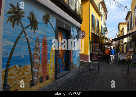 Lackierte Türen in der Rua de Santa Maria, eine Kunst im öffentlichen Raum ein altes neu zu beleben, vernachlässigten Straße in der Altstadt von Funchal, Madeira, Portugal Stockfoto