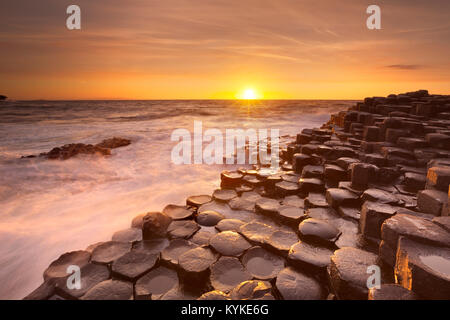 Sonnenuntergang über den Basalt Felsformationen des Giant's Causeway auf der Küste Nordirlands. Stockfoto