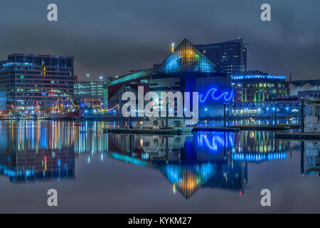 National Aquarium in Baltimore spiegelt sich im Wasser. Baltimore Inner Harbor Stockfoto