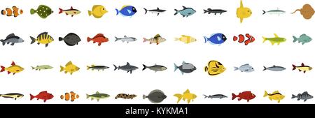 Fisch Icon Set, flacher Stil Stock Vektor