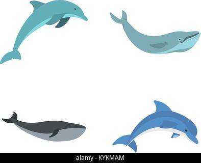 Aqua säugetier Icon Set, flacher Stil Stock Vektor