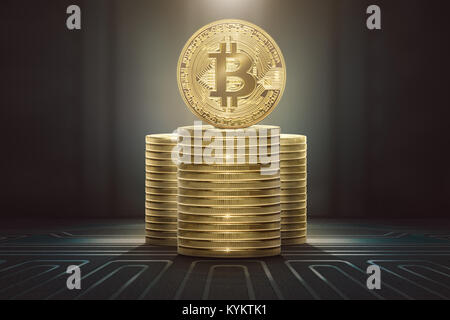 Stapel von Bitcoins stehend auf Platine Hintergrund Stockfoto