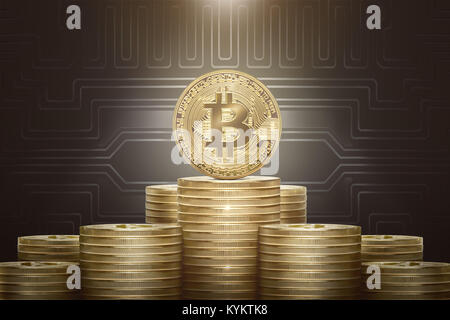 Stapel von Golden bitcoins mit einer Münze auf der Oberseite gegen Stromkreis Hintergrund Stockfoto