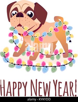 Frohe Weihnachten Postkarte. Frohes Neues Jahr Banner mit Hund. Cartoon Hund mit einem Geschenk. Vektor Welpen Charakter. Design für Kalender oder Postkarten oder poste Stock Vektor