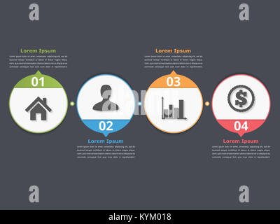 Prozessablauf Vorlage mit Kreisen, Flussdiagramm oder Workflow mit vier Elementen, Schritte und Optionen, business Infografiken, Vector EPS 10 Abbildung Stockfoto