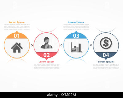 Process Diagram Template mit Kreisen, Flussdiagramm oder Workflow mit vier Elementen, Schritte und Optionen, business Infografiken, Vector EPS 10 Abbildung Stockfoto