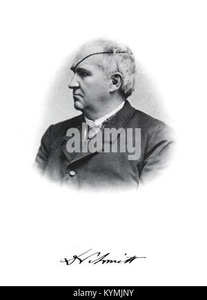 Porträt von Rudolph William Schmitt (1830–1898), einem Chemiker, der für seine Beiträge zur Chemie bekannt ist, mit einem Augenfleck dargestellt und in einem Anzug gekleidet. Dieses historische Schwarzweiß-Foto stammt aus den Bibliotheken der Smithsonian Institution und veranschaulicht eine wichtige Figur in der Wissenschaftsgeschichte. Stockfoto