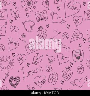 Valentines Tag. Große Symbole gesetzt. Nahtlose Muster. Symbole der Liebe. Rosa Hintergrund Stock Vektor