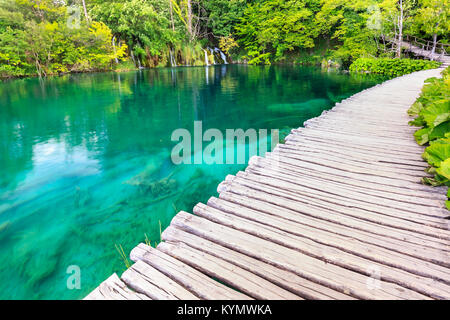 Wanderweg über blaue Wasser in der Nähe von Wasserfällen in einem grünen Wald. Plitvicer Seen, Kroatien Stockfoto