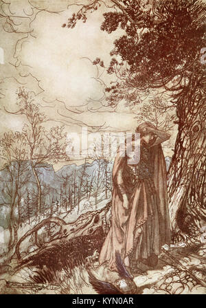 Eine Illustration von Arthur Rackham von "Das Rheingold und Die Walküre', mit Untertiteln - "Brünnhilde steht für eine lange Zeit benommen und alarmiert. ' Stockfoto