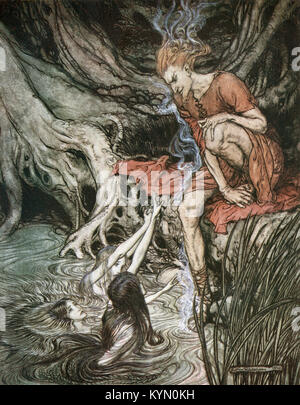 Eine Illustration von Arthur Rackham von "Das Rheingold und Die Walküre", Untertitel "Der Rhein ist reine schimmernden Kinder. Erzählte mir von ihrer Trauer. ' Stockfoto