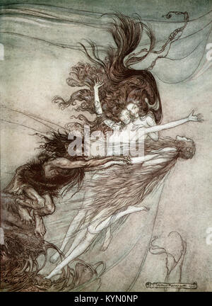 Eine Illustration von Arthur Rackham von "Das Rheingold und Die Walküre", Untertitel "Die Rhine-Maidens necken Alberich. ' Stockfoto