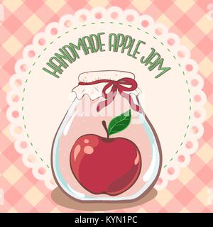 Apple Jam Label. Druckbare jar Etikettenvorlage für Package Design, Logo, Menü, Dekoration, Karten, Print, Web, Logo, Aufkleber. Handgemachte red apple Jam jar auf Spitze Deckchen label und kariertem Tischtuch. Vektor eps Stock Vektor