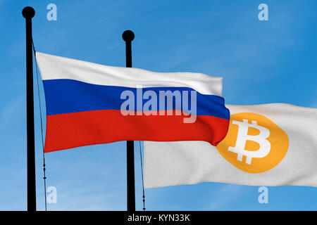 Russland Flagge und Bitcoin Fahne winken über blauen Himmel (Digital Image generiert) Stockfoto