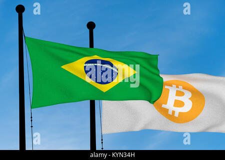 Brasilien Flagge und Bitcoin Fahne winken über blauen Himmel (Digital Image generiert) Stockfoto