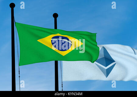 Brasilien Fahne und Flagge des Astraleums wellenartig über blauen Himmel (Digital Image generiert) Stockfoto