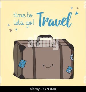 Travel Bag Abbildung Hand gezeichneten Stil. Retro Koffer Abbildung. Bild von Reisetasche mit Aufklebern. Grafik Koffer Zeichnung. Doodle Reisekoffer Abbildung, vintage Gepäck Bild. Stock Vektor