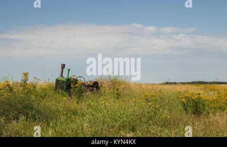 Eine alte vintage Traktor sitzen unter hohen Unkraut in einem Sommer Landschaft Landschaft Stockfoto