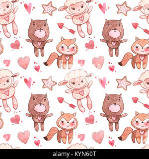 Nahtlose Muster mit Tieren. Rosa Aquarell Set von Elementen für den Valentinstag. Scrapbook Design Elemente. Typografie, Poster, Karten, Etiketten, Banner Design gesetzt. Stockfoto