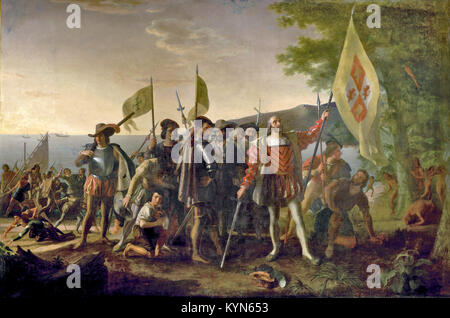 Christopher Columbus, die Landung von Kolumbus (12. Oktober 1492), Gemälde von John Vanderlyn. Christopher Columbus, Italienische Explorer, Navigator und Kolonisator Stockfoto