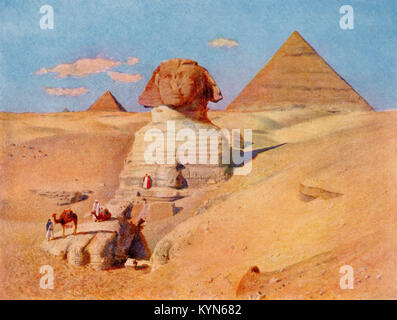 Die Große Sphinx in Gizeh Pyramiden, Giza Plateau, Kairo, Ägypten. Eine massive Skulptur im Allgemeinen angenommen, die den Pharao Khafre zu vertreten. Von den Wundern der Welt, veröffentlicht C 1920. Stockfoto