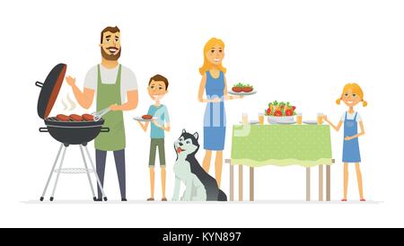 Happy Family am Grill - Moderne cartoon Menschen Zeichen Abbildung Stock Vektor