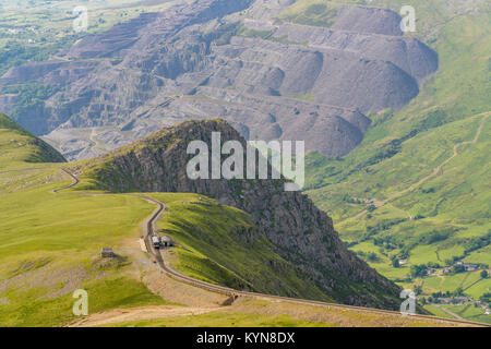 Hinunter vom Mount Snowdon auf dem Pfad, Snowdonia, Llanberis, Gwynedd, Wales, UK - Blick nach Norden in Richtung der Clogwyn Station mit einem Zug Ansatz Stockfoto