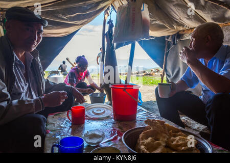 KAZARMAN, Kirgisistan - 15. August: Frau kumis, gegorene Stutenmilch, von einem Schaf Haut in einer einfachen Unterkunft zu zwei Männern. August 2016 Stockfoto