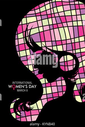 Design über den Internationalen Tag der Frau mit einer Zeichnung von das Gesicht einer Frau mit Quadrate Textur auf schwarzen Hintergrund. Vektorbild Stock Vektor