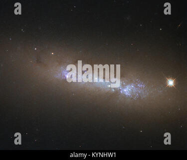 Das Hubble Weltraumteleskop erfasst ein Bild von NGC 4248, einer Spiralgalaxie, die Merkmale wie dunkle Materie, schwarze Löcher und Sternformationen zeigt. Das Bild ist Teil des Kosmischen Atlas von Hubble, der detaillierte Beobachtungen entfernter Galaxien und kosmischer Phänomene bietet. Foto: (NASA/Hubble) Stockfoto